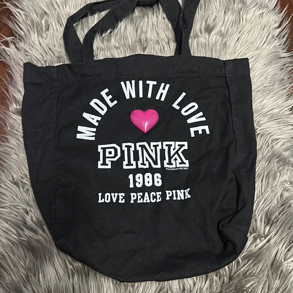 Victoria secret pink rare tote black with heart Love Peace Pink heart detail